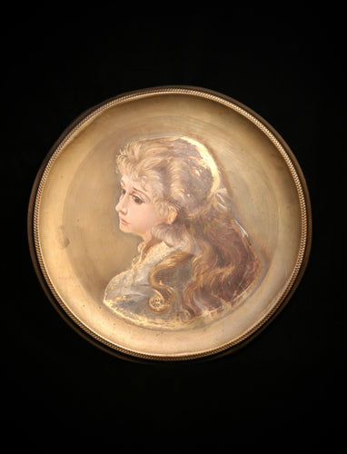 Antique hand painted woman portrait on copper tin