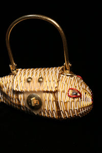 RARE metal plastic wicker basket vintage fish purse